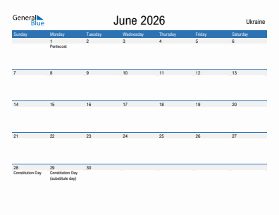 Current month calendar with Ukraine holidays for June 2026