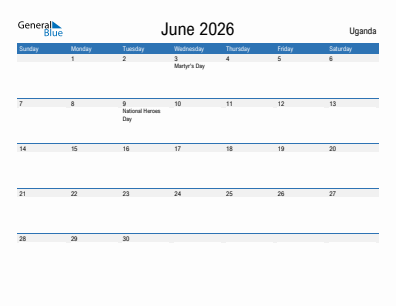 Current month calendar with Uganda holidays for June 2026