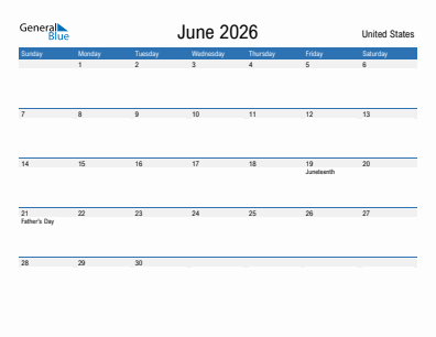Current month calendar with United States holidays for June 2026