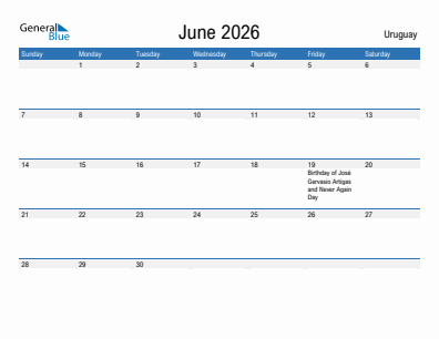 Current month calendar with Uruguay holidays for June 2026