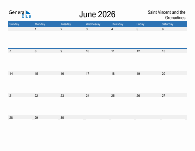 Current month calendar with Saint Vincent and the Grenadines holidays for June 2026