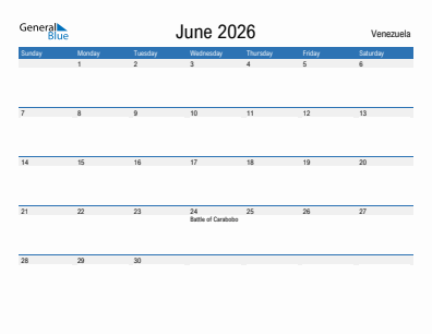 Current month calendar with Venezuela holidays for June 2026