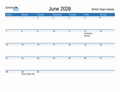 Current month calendar with British Virgin Islands holidays for June 2026