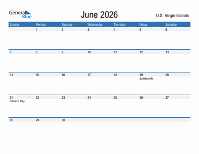 Current month calendar with U.S. Virgin Islands holidays for June 2026