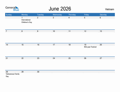 Current month calendar with Vietnam holidays for June 2026