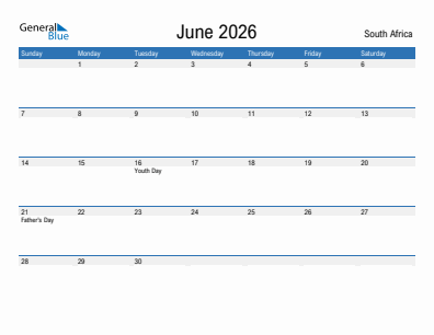 Current month calendar with South Africa holidays for June 2026