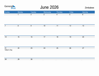 Current month calendar with Zimbabwe holidays for June 2026