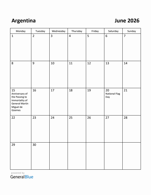 June 2026 Calendar with Argentina Holidays