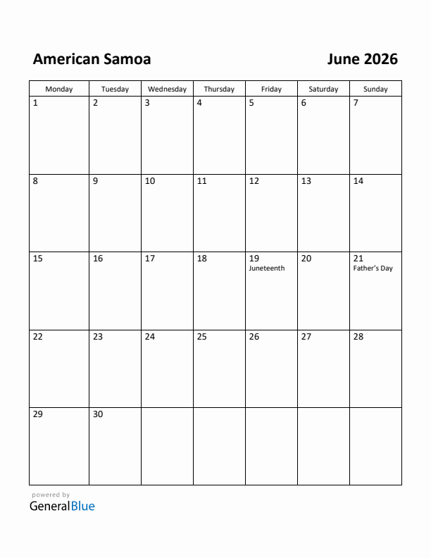 June 2026 Calendar with American Samoa Holidays