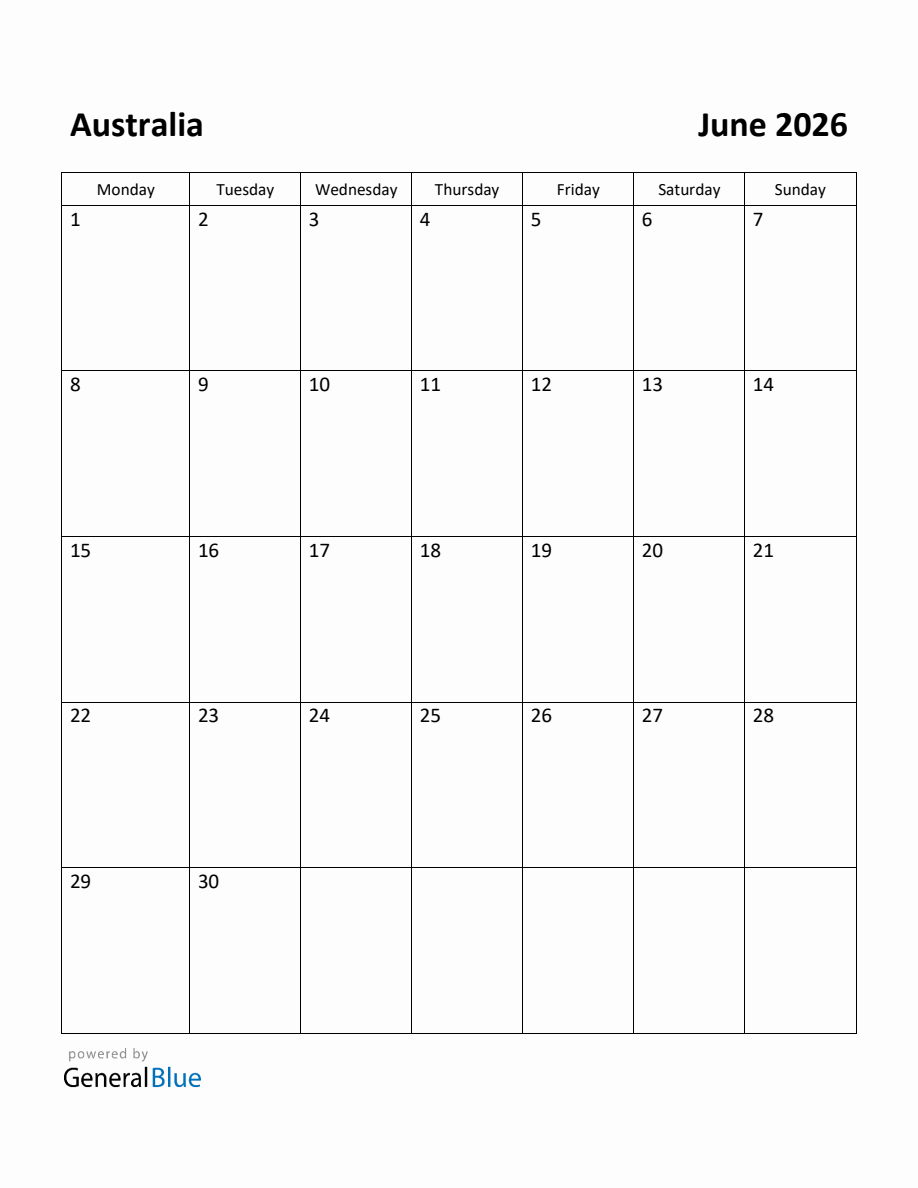 Free Printable June 2026 Calendar for Australia (Monday Start)