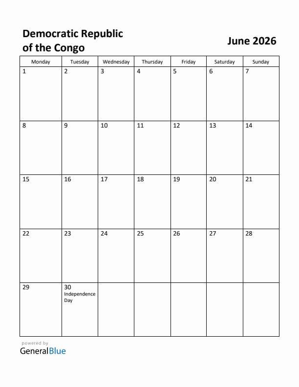 June 2026 Calendar with Democratic Republic of the Congo Holidays