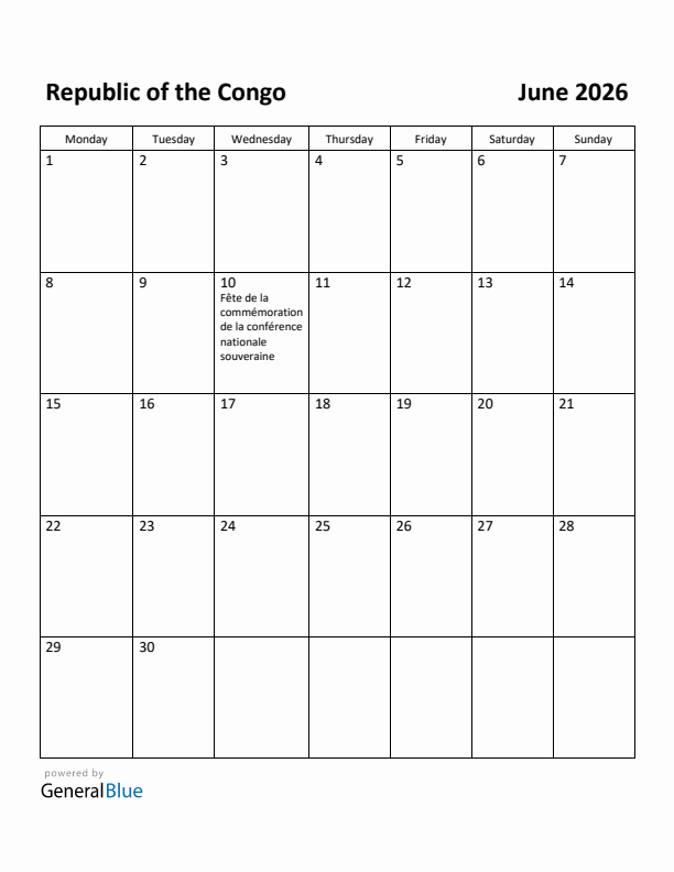 June 2026 Calendar with Republic of the Congo Holidays
