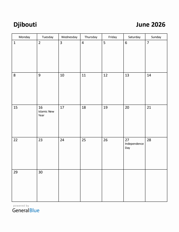 June 2026 Calendar with Djibouti Holidays