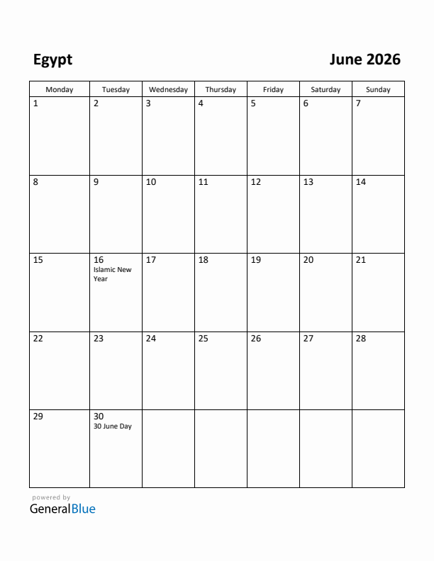 June 2026 Calendar with Egypt Holidays