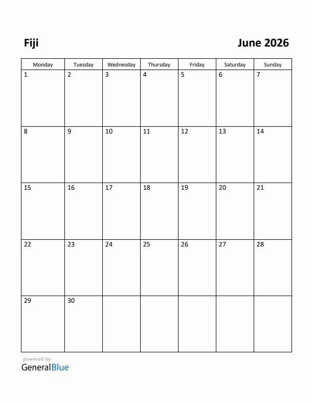 June 2026 Calendar with Fiji Holidays
