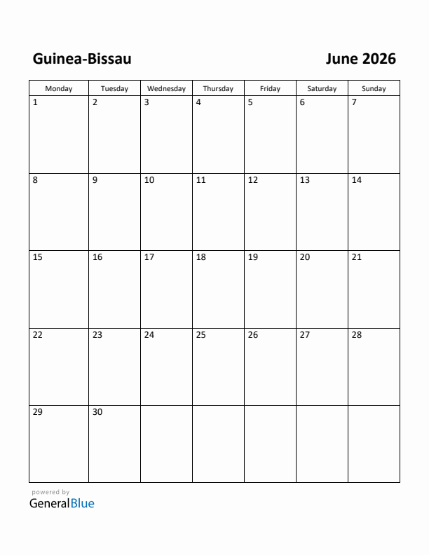 June 2026 Calendar with Guinea-Bissau Holidays