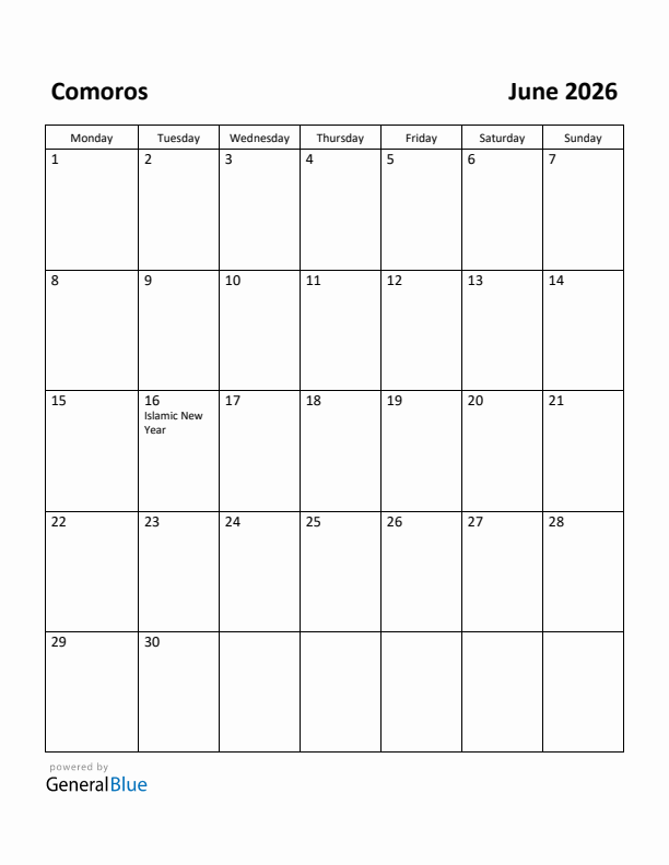 June 2026 Calendar with Comoros Holidays