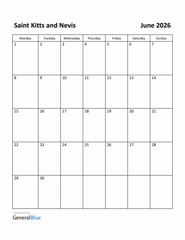 June 2026 Calendar with Saint Kitts and Nevis Holidays
