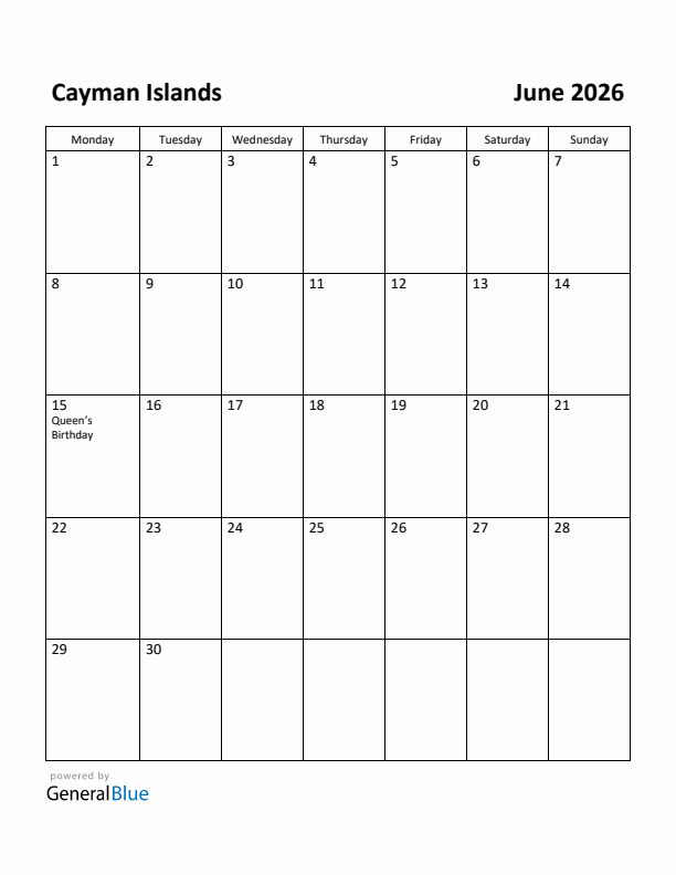 June 2026 Calendar with Cayman Islands Holidays