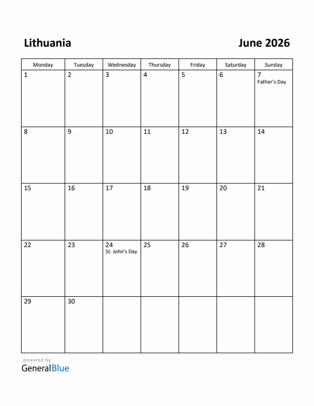 June 2026 Calendar with Lithuania Holidays