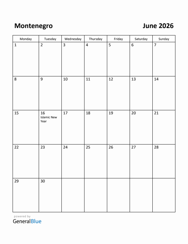 June 2026 Calendar with Montenegro Holidays
