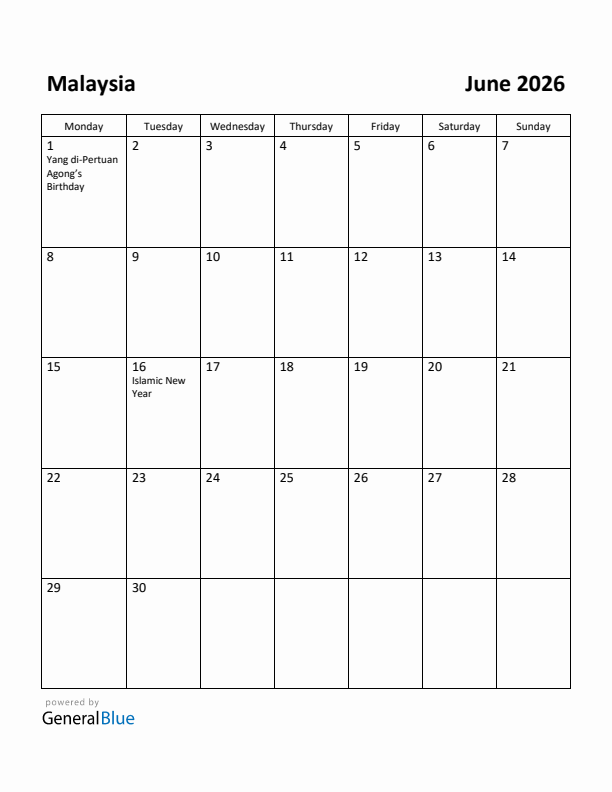 June 2026 Calendar with Malaysia Holidays