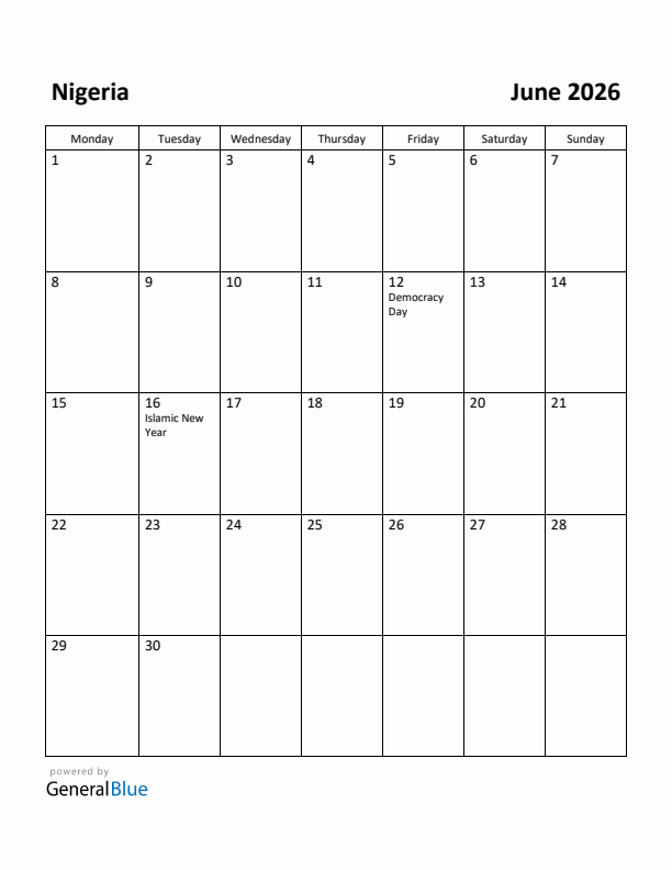 June 2026 Calendar with Nigeria Holidays