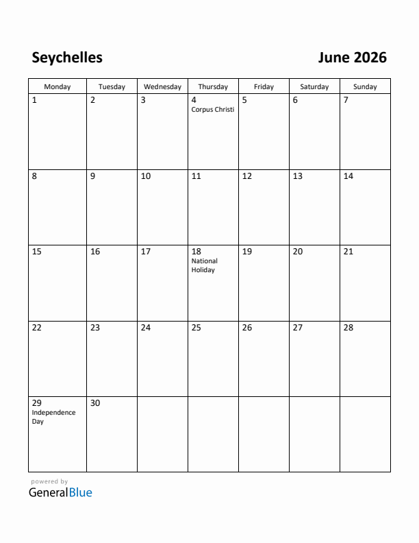June 2026 Calendar with Seychelles Holidays