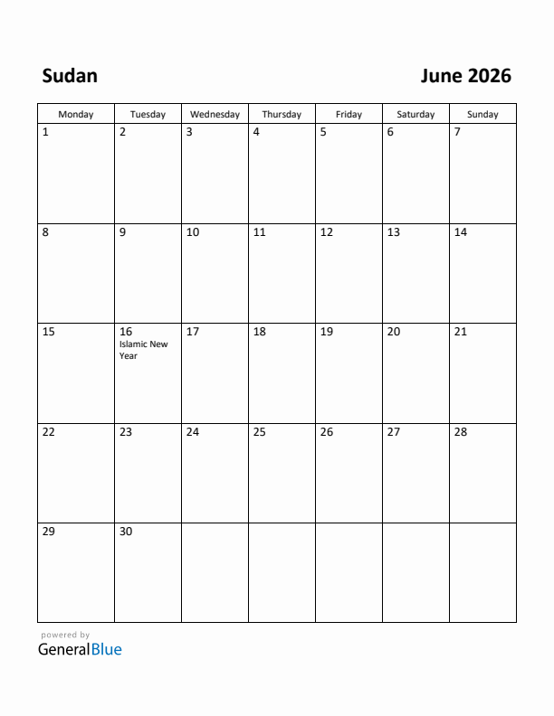 June 2026 Calendar with Sudan Holidays