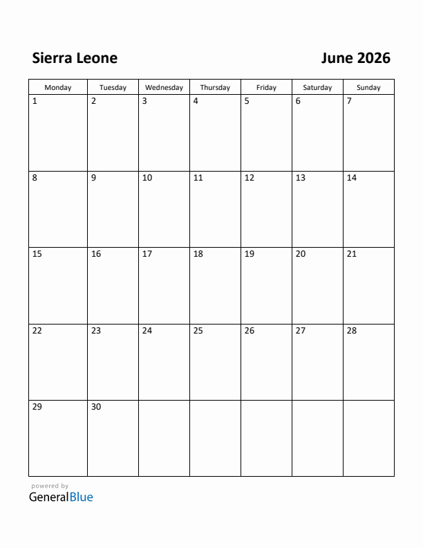 June 2026 Calendar with Sierra Leone Holidays