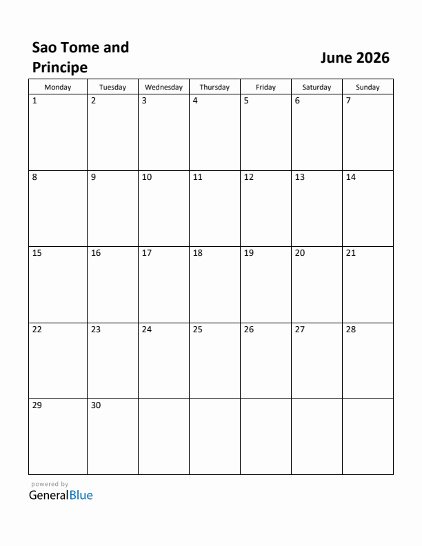 June 2026 Calendar with Sao Tome and Principe Holidays
