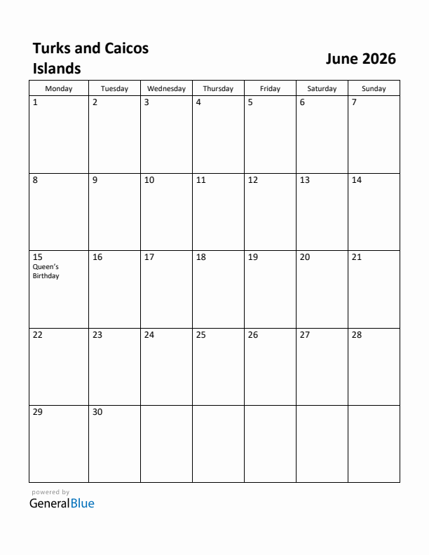 June 2026 Calendar with Turks and Caicos Islands Holidays