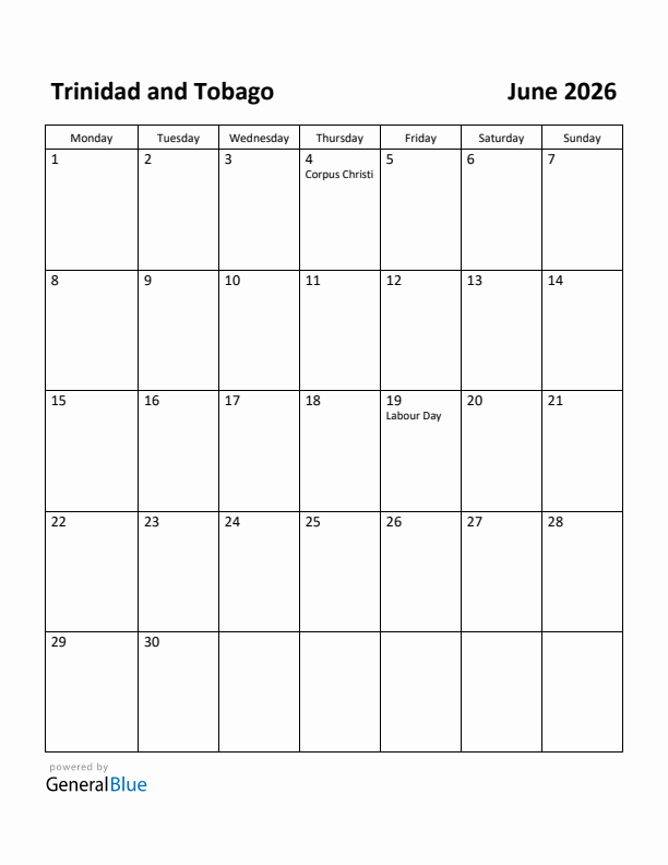 June 2026 Calendar with Trinidad and Tobago Holidays