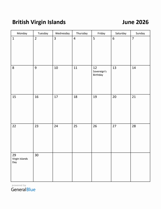 June 2026 Calendar with British Virgin Islands Holidays