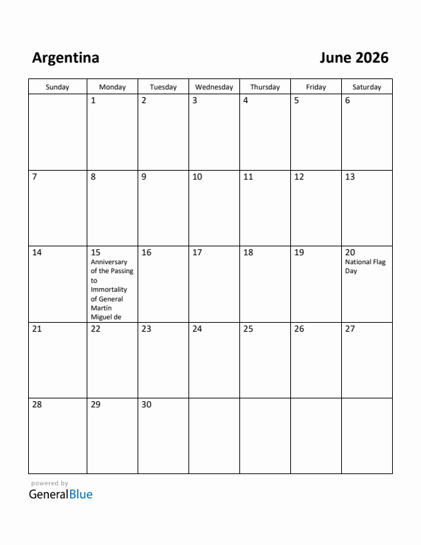 June 2026 Calendar with Argentina Holidays