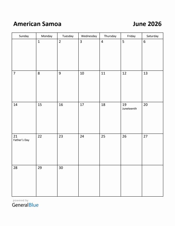 June 2026 Calendar with American Samoa Holidays