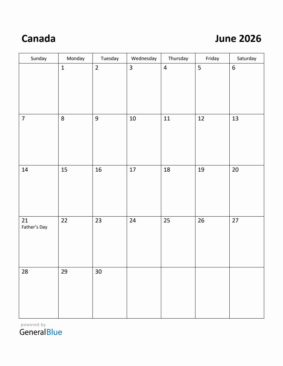 Free Printable June 2026 Calendar for Canada