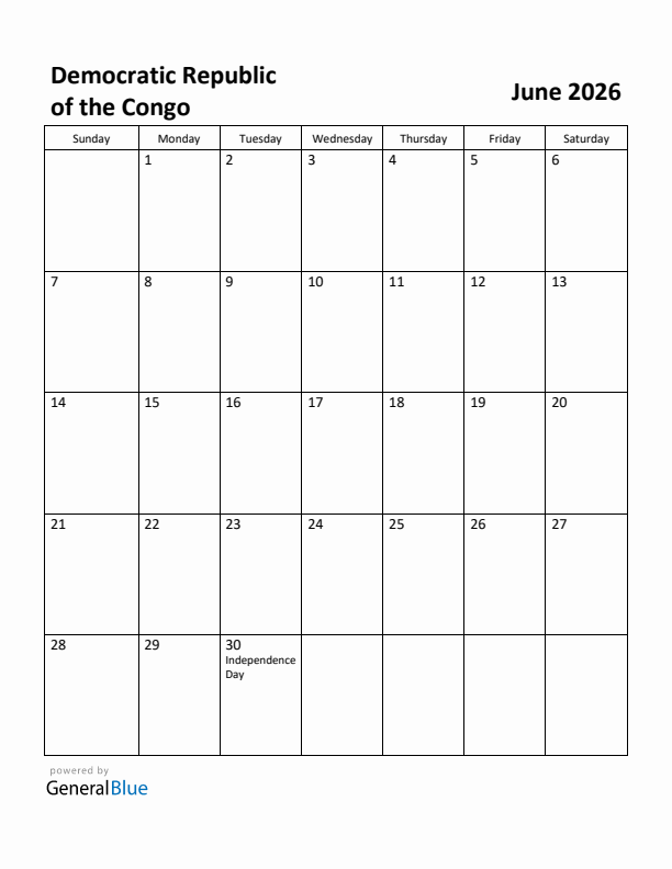 June 2026 Calendar with Democratic Republic of the Congo Holidays
