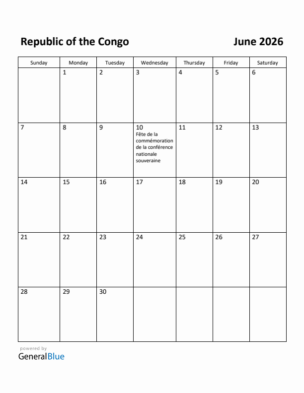 June 2026 Calendar with Republic of the Congo Holidays