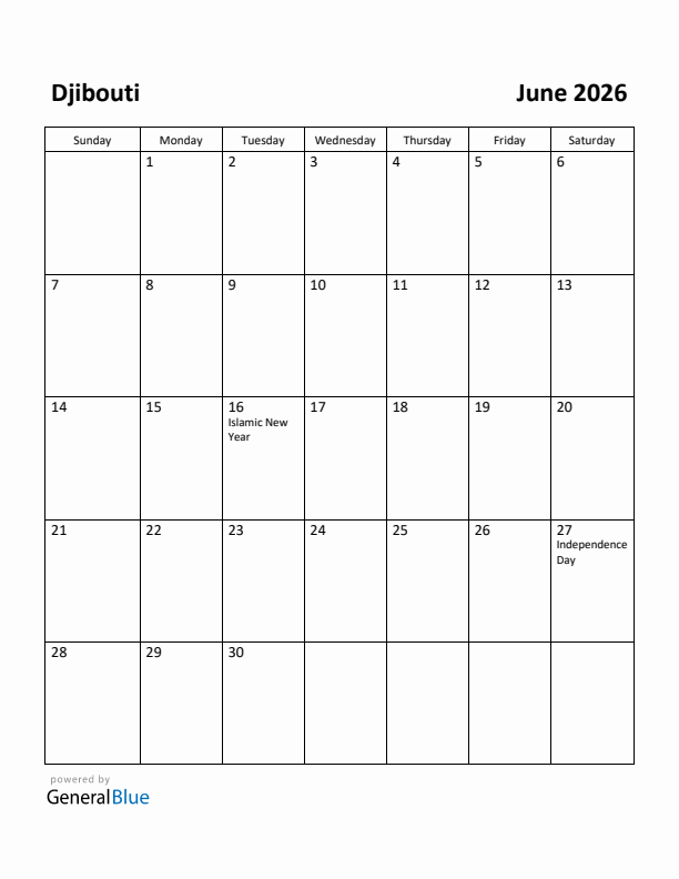 June 2026 Calendar with Djibouti Holidays