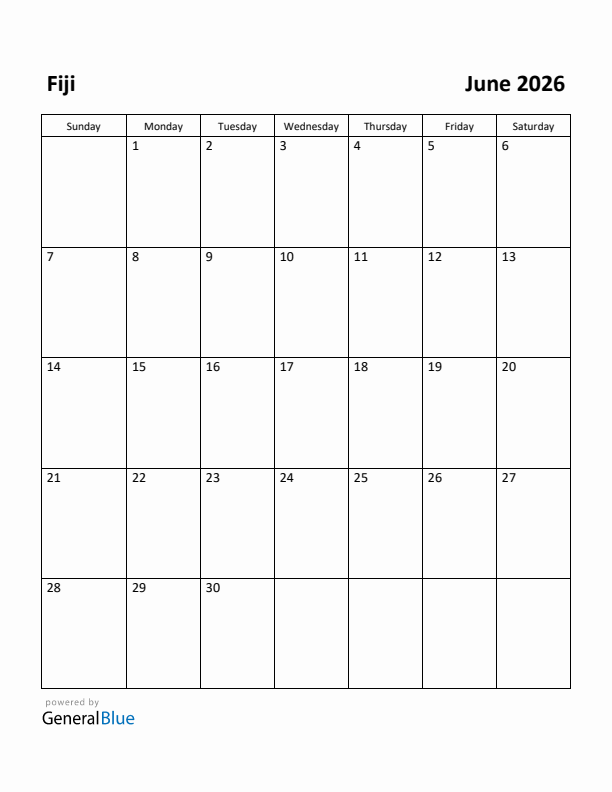 June 2026 Calendar with Fiji Holidays