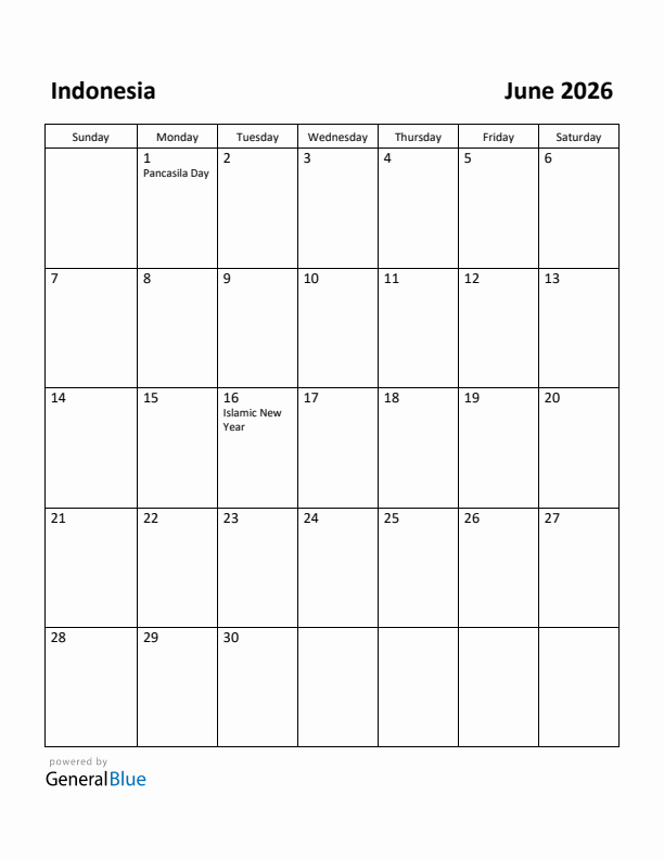 June 2026 Calendar with Indonesia Holidays