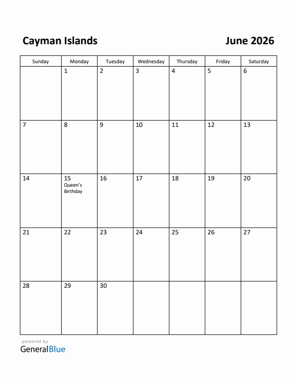 June 2026 Calendar with Cayman Islands Holidays