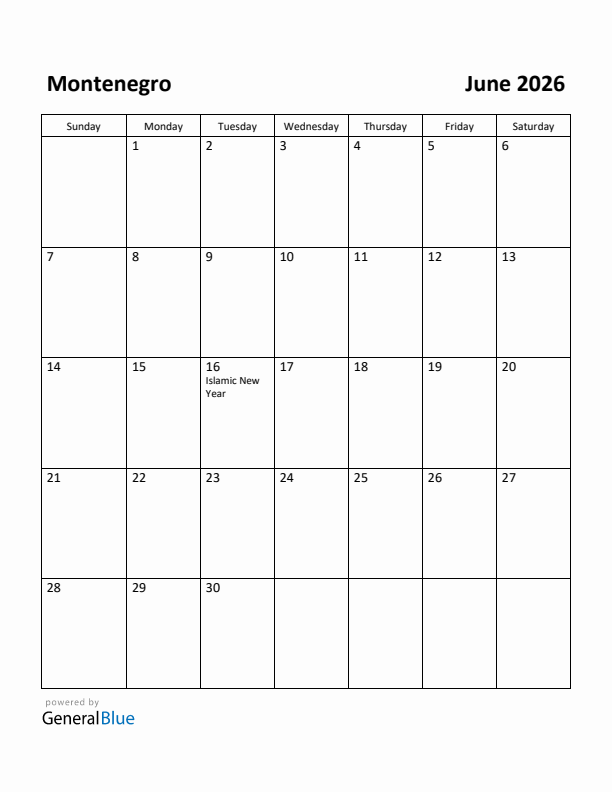 June 2026 Calendar with Montenegro Holidays