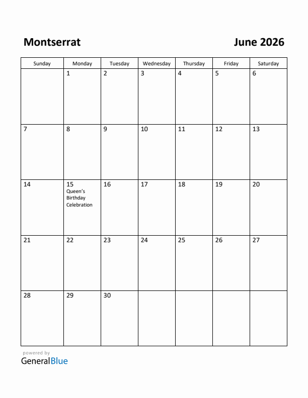 June 2026 Calendar with Montserrat Holidays