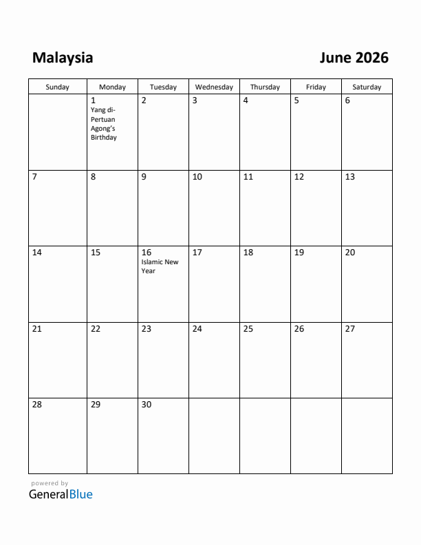 June 2026 Calendar with Malaysia Holidays