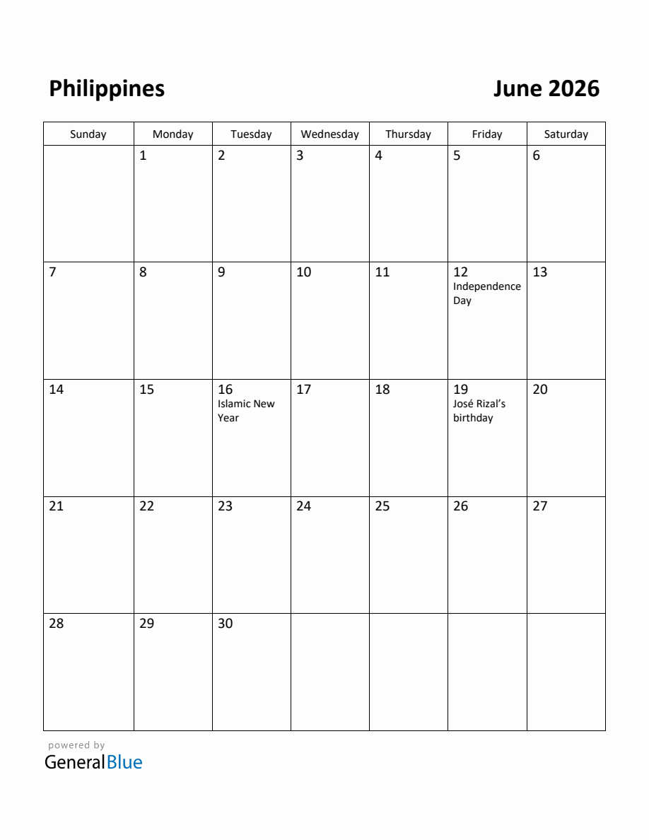 Free Printable June 2026 Calendar for Philippines