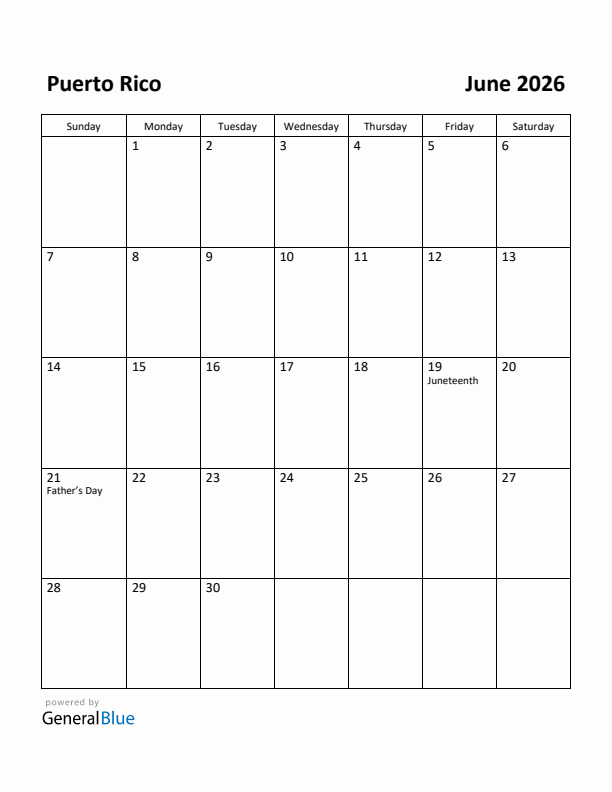 June 2026 Calendar with Puerto Rico Holidays