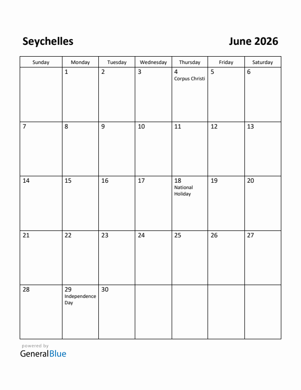 June 2026 Calendar with Seychelles Holidays