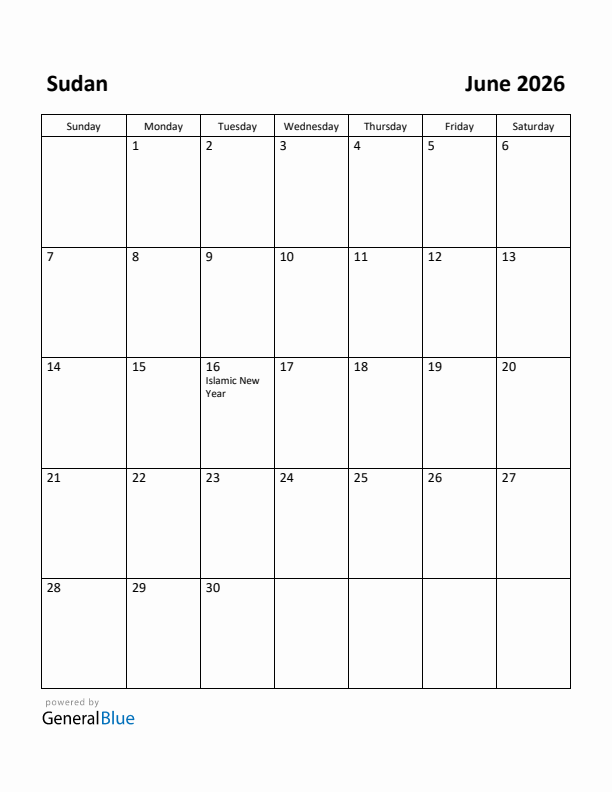 June 2026 Calendar with Sudan Holidays